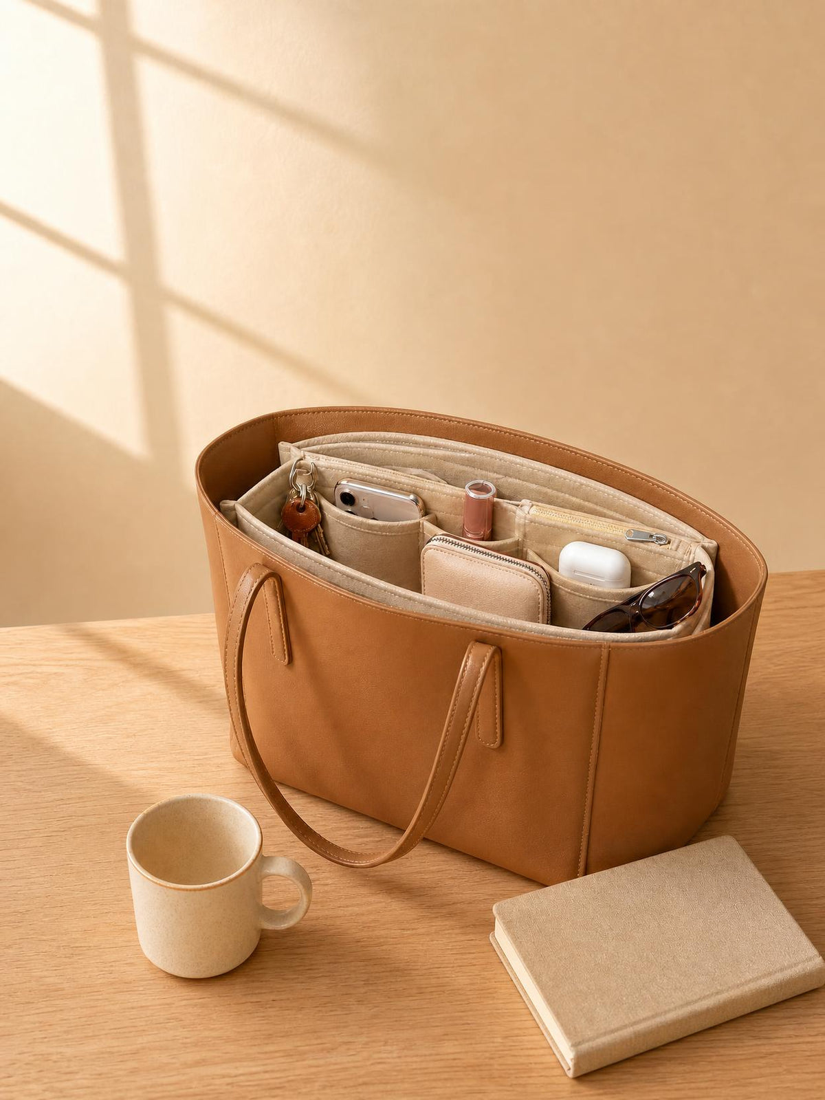 Organisateur de sac HomeTuck en feutre beige dans un cabas camel, chaque objet dans sa poche