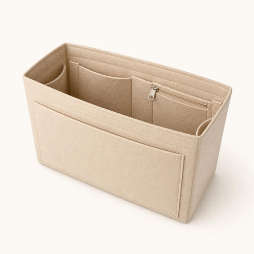 Organisateur de sac HomeTuck beige, vide : poches tout autour et poche zippée