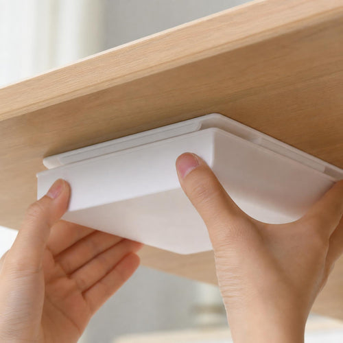 Deux mains clipsent le bac du tiroir HomeTuck dans son rail, déjà fixé sous un plateau de bureau en bois